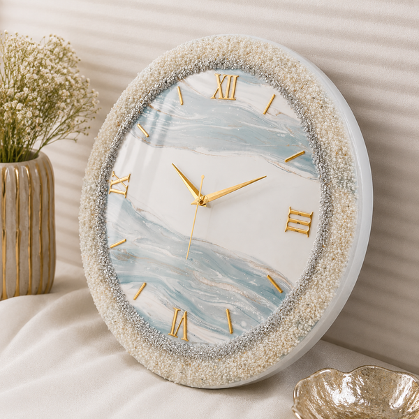 Arctic Pearl Luxury Resin Wall Clock – Handmade White & Ice Blue Statement Décor