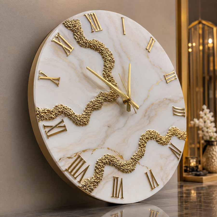 Luxury Ivory Marble & Gold Resin Wall Clock – Handmade Premium Home Décor