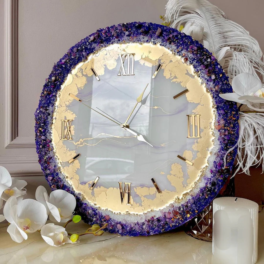 Lavender Gem Glow Luxury Resin Wall Clock – Handmade Premium Designer Clock for Living Room Decor India