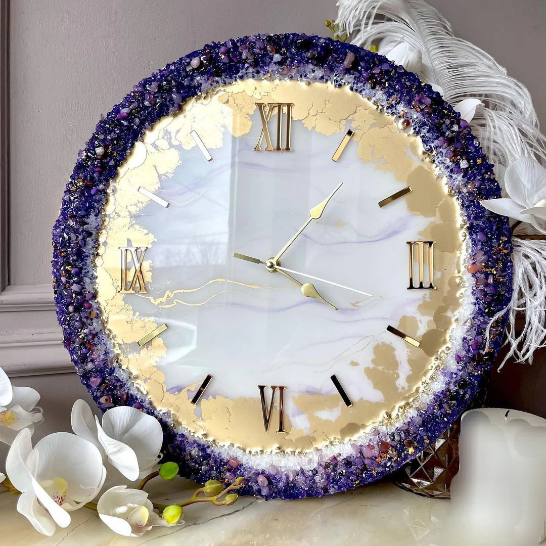 Lavender Gem Glow Luxury Resin Wall Clock – Handmade Premium Designer Clock for Living Room Decor India
