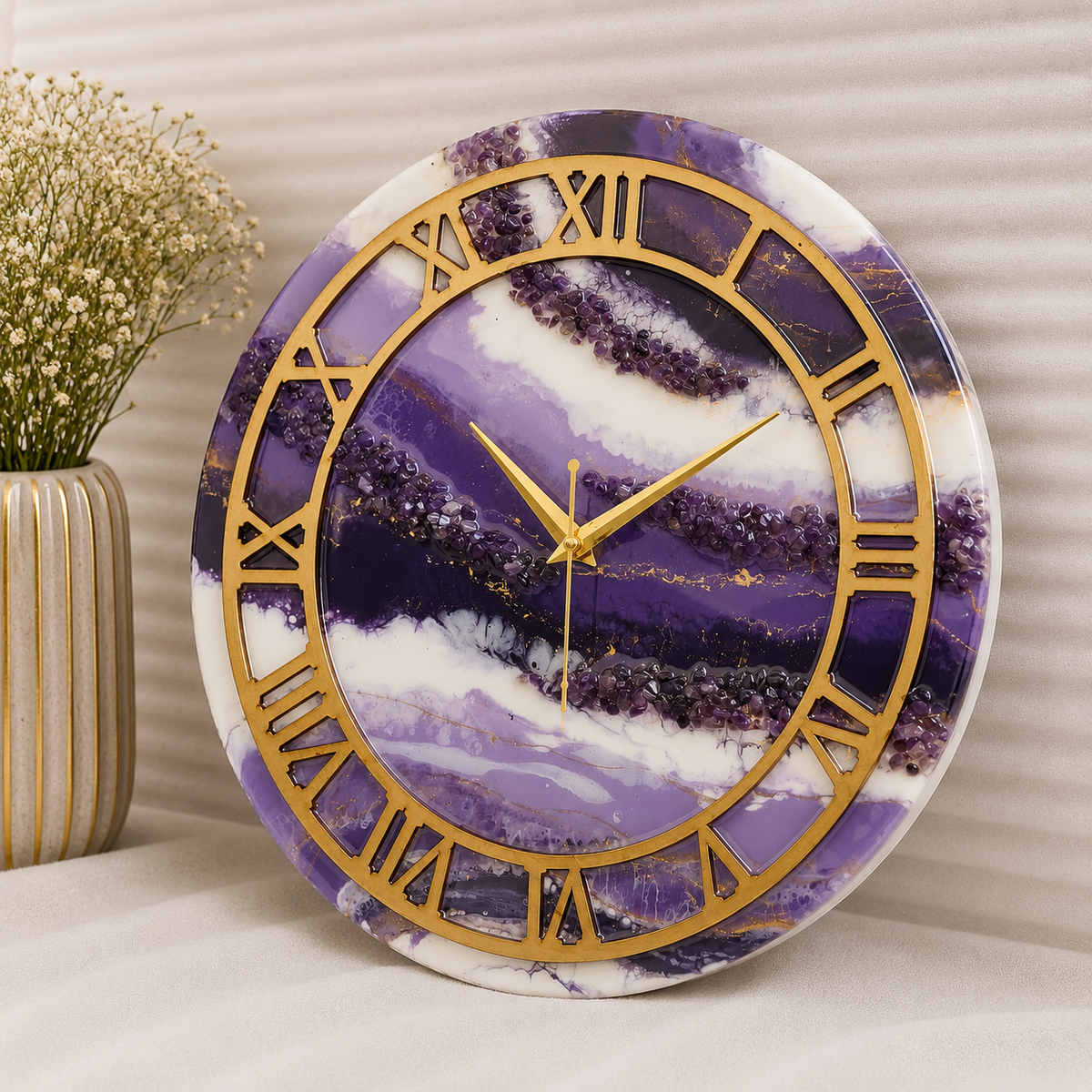 Royal Amethyst Luxury Resin Wall Clock – Handmade Purple Crystal Statement Décor