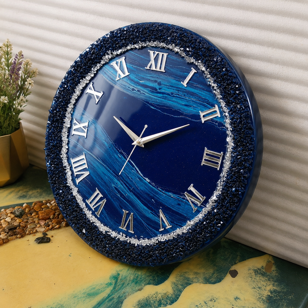 Ocean Sapphire Luxury Resin Wall Clock – Handmade Blue & Silver Statement Décor