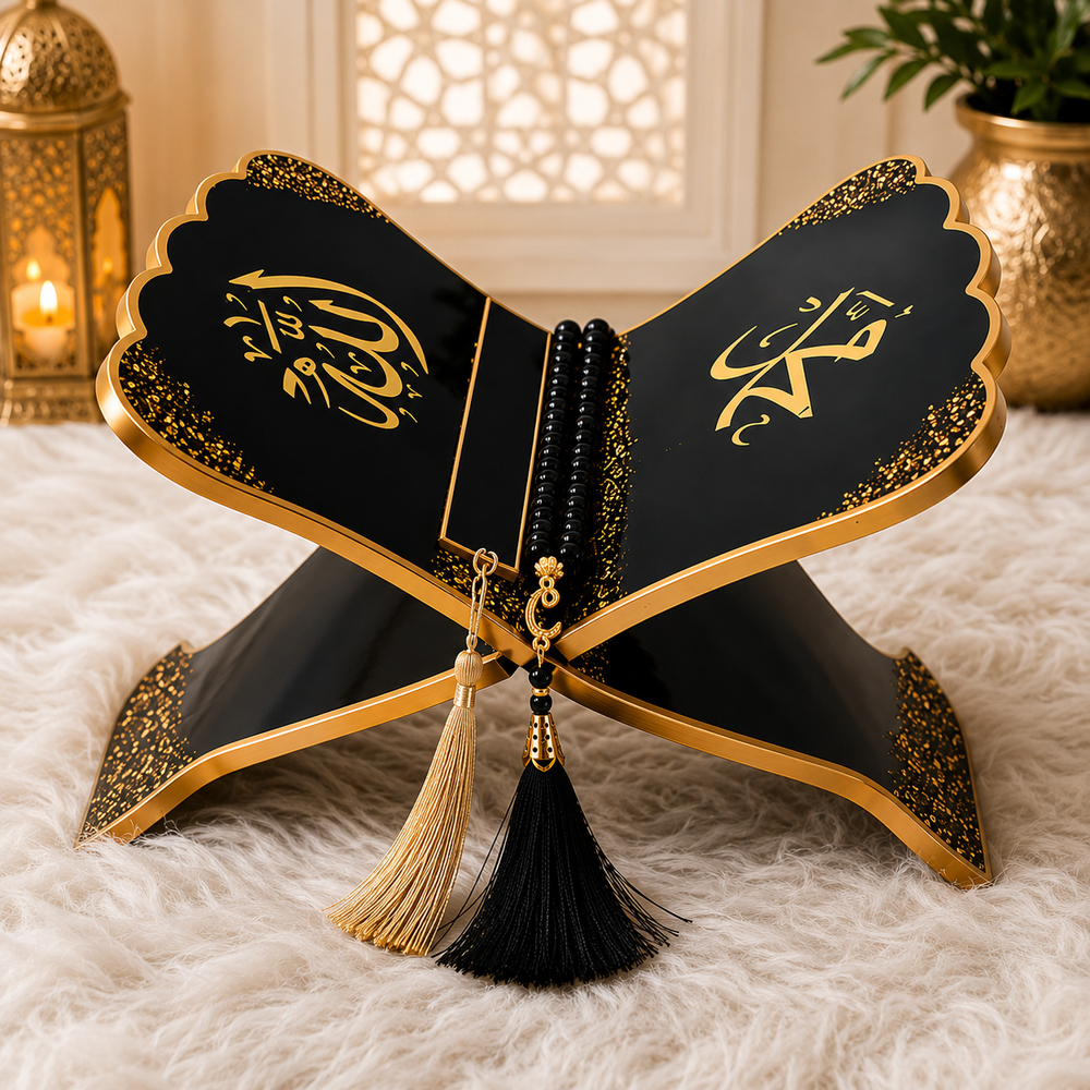 Luxury Black & Gold Islamic Resin Rehal – Handmade Quran Stand & Spiritual Home Décor