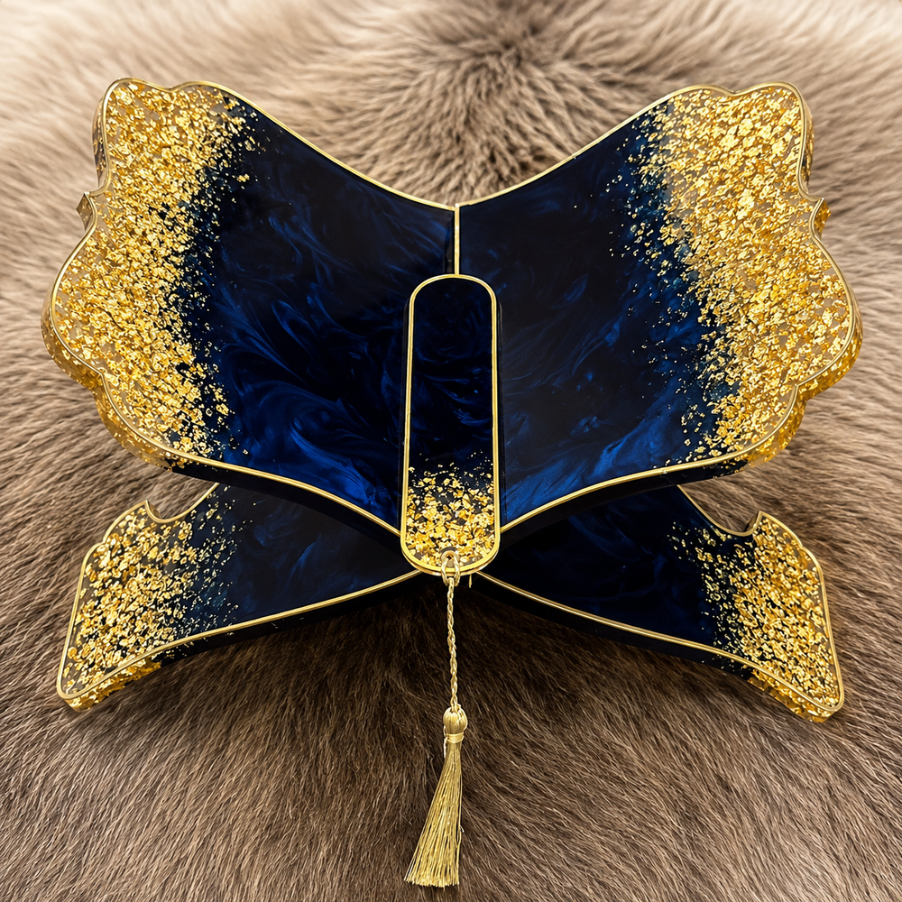Luxury Midnight Blue & Gold Resin Rehal – Handmade Quran Stand & Islamic Home Décor