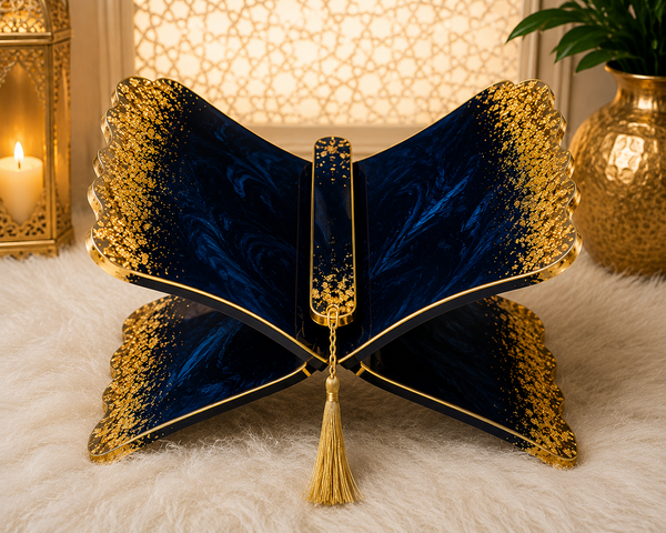 Luxury Midnight Blue & Gold Resin Rehal – Handmade Quran Stand & Islamic Home Décor