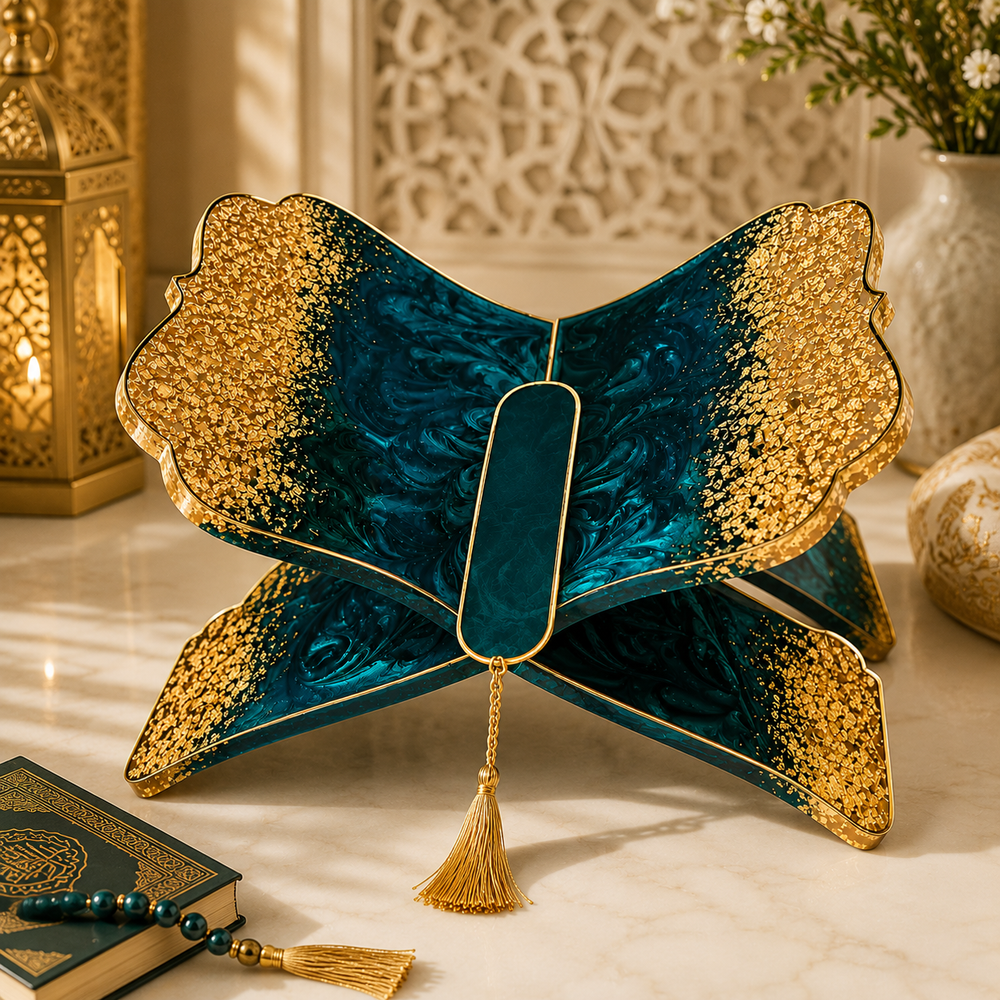 Luxury Teal Blue & Gold Resin Rehal – Handmade Quran Stand & Islamic Home Décor