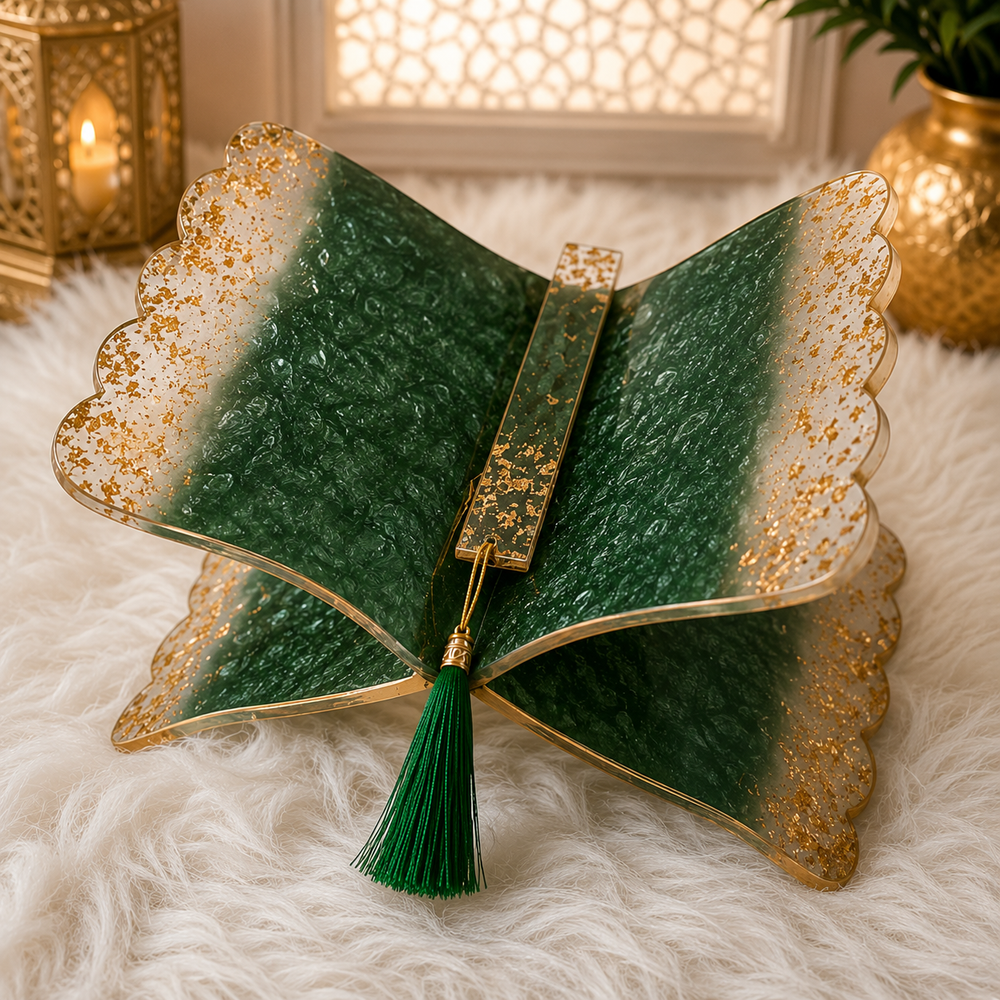 Luxury Emerald Green & Gold Islamic Resin Rehal – Handmade Quran Stand & Spiritual Home Décor