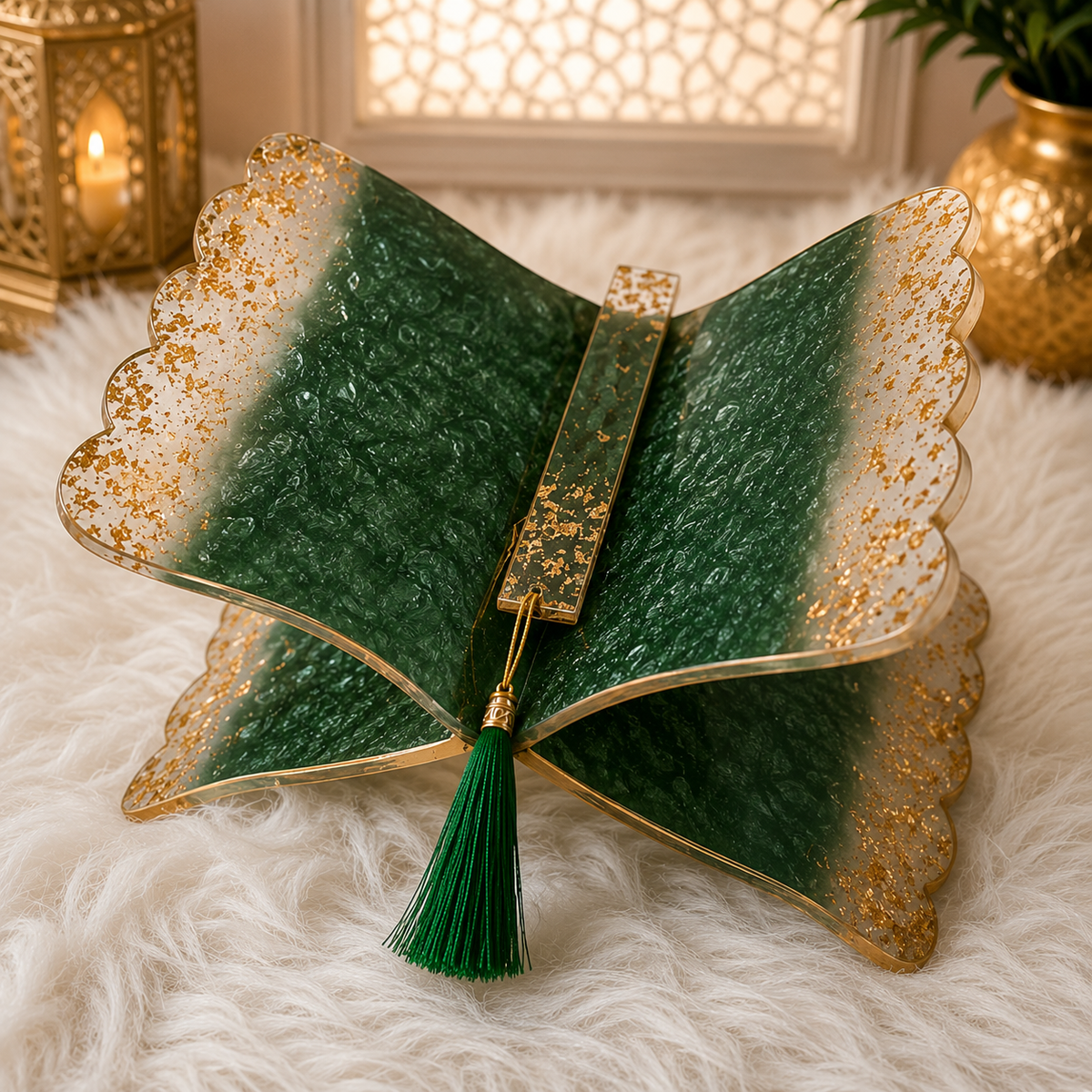 Luxury Emerald Green & Gold Islamic Resin Rehal – Handmade Quran Stand & Spiritual Home Décor