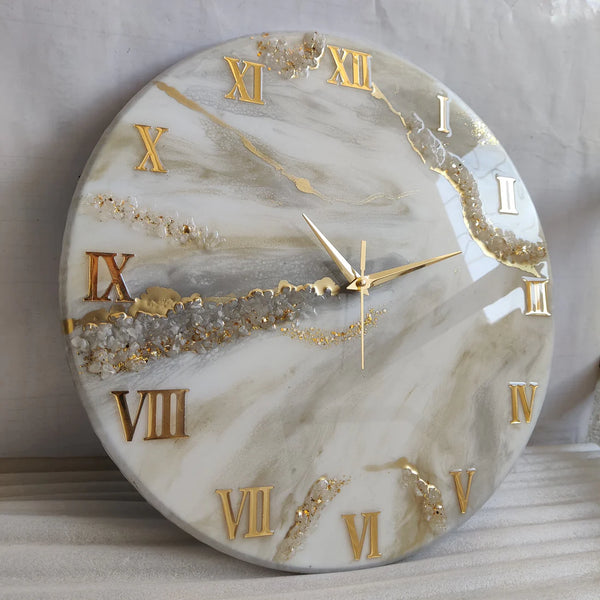Cream Radiance Luxury Resin Wall Clock with Gold Veins – Handmade Designer Clock for Living Room