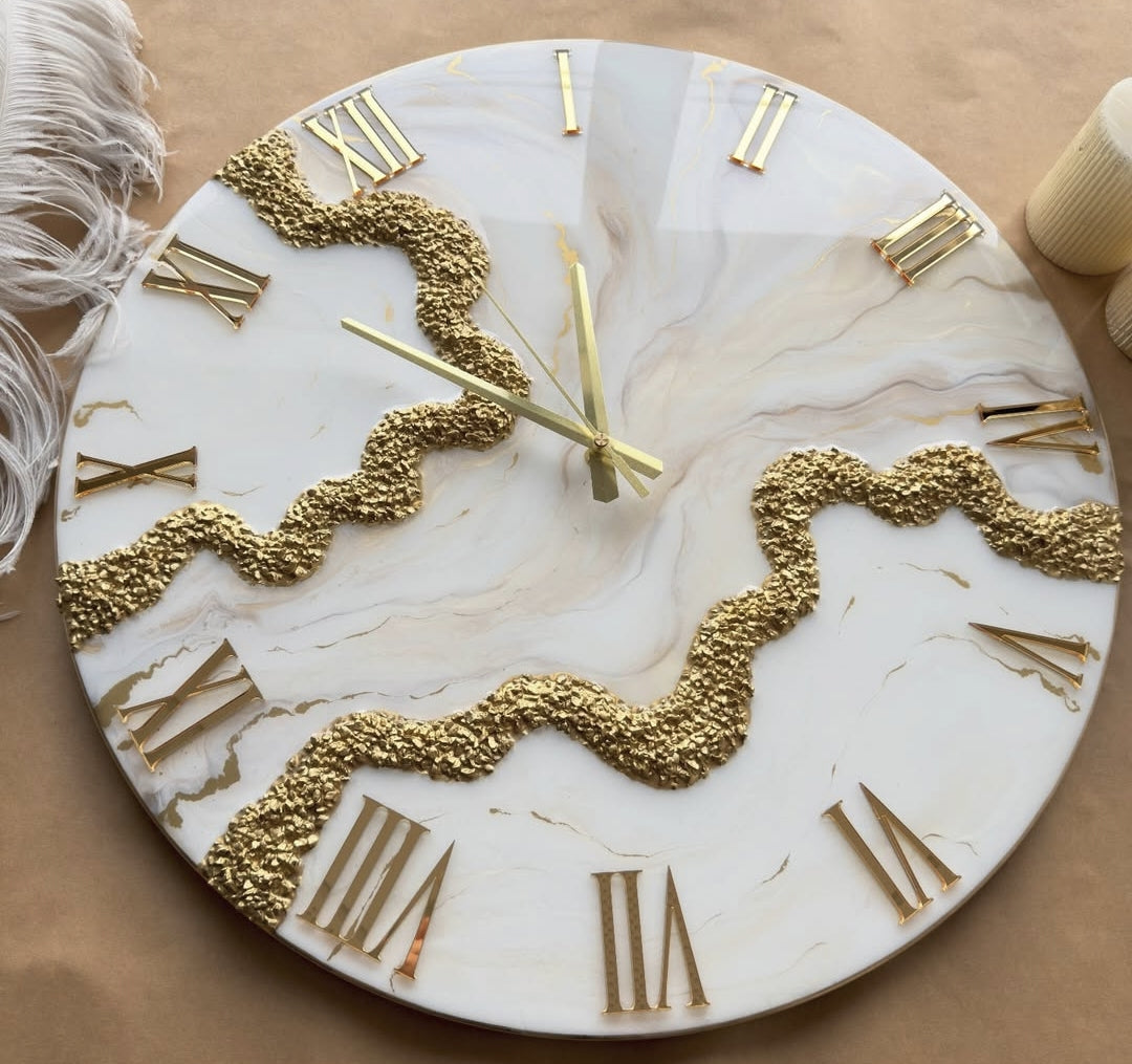 Luxury Ivory Marble & Gold Resin Wall Clock – Handmade Premium Home Décor