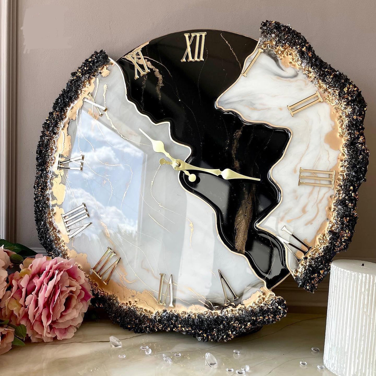 Black Ember Feather Resin Wall Clock - Luxury Designer Black Wall Art for Modern Homes