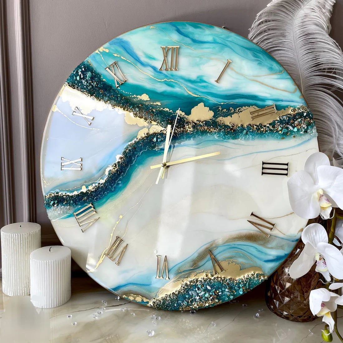 Ivory Peacock Mist Luxury Resin Wall Clock – Handmade Luxe Designer Clock for Living Room