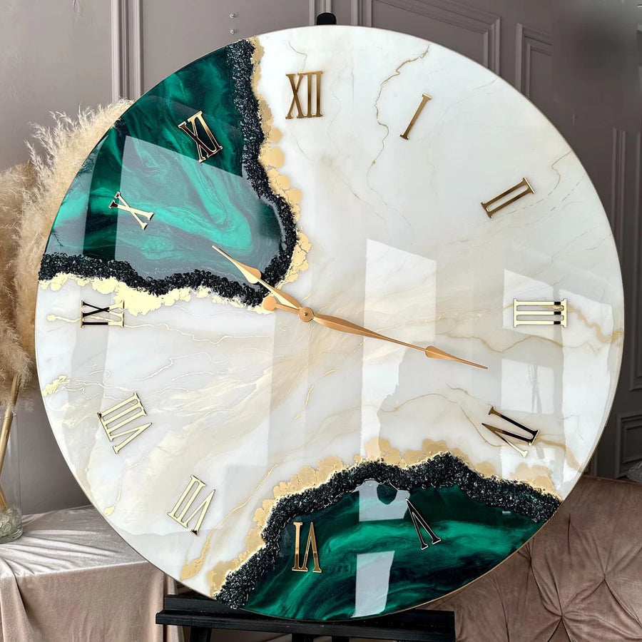 Emerald Mist Luxe Resin Wall Clock - Elegant Green Handmade Designer Clock