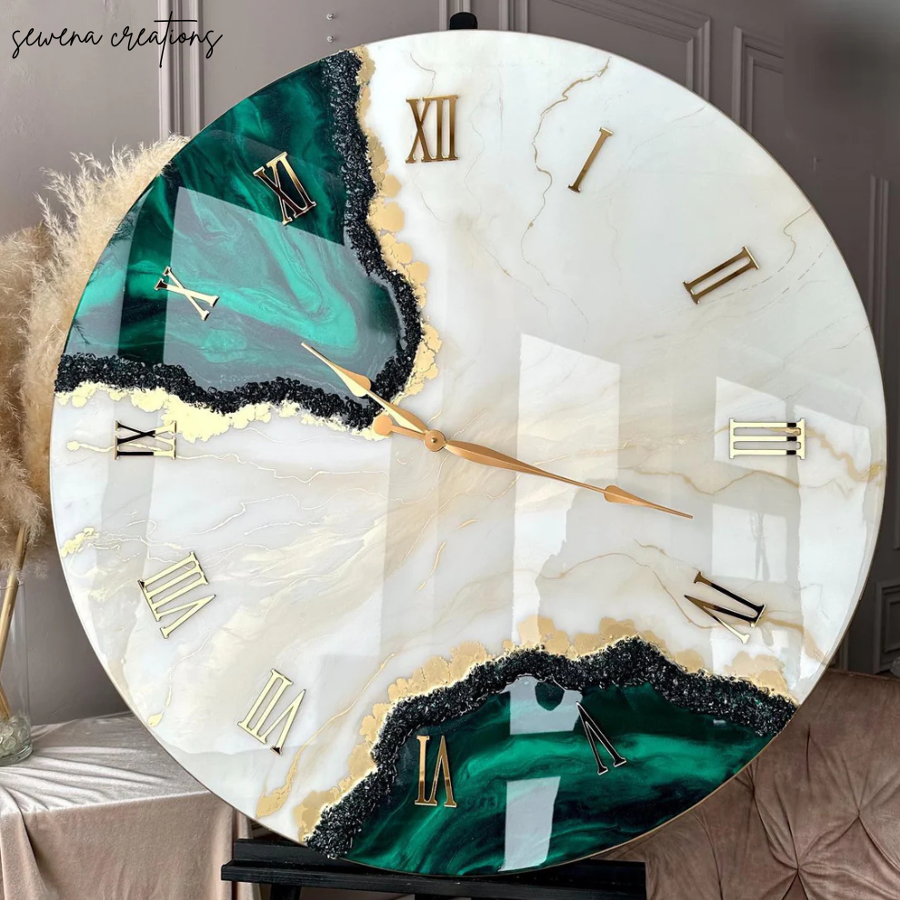 Emerald Mist Luxe Resin Wall Clock - Elegant Green Handmade Designer Clock