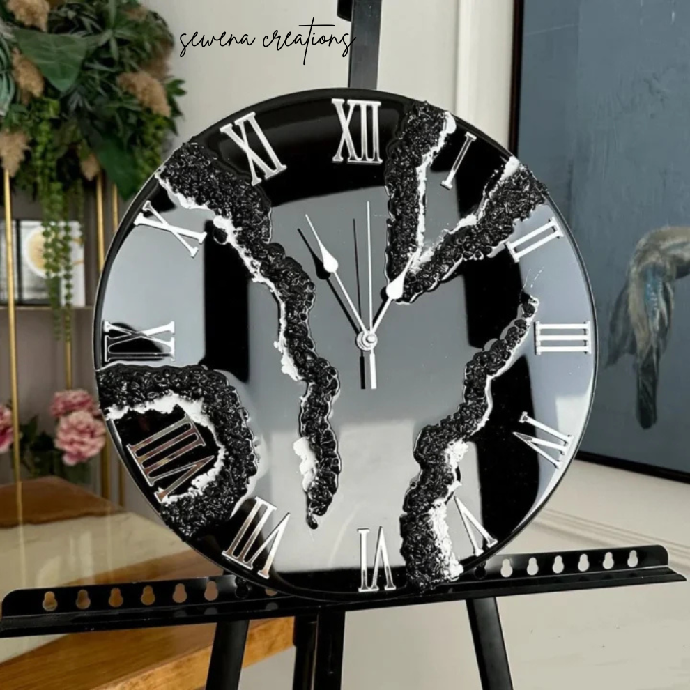 Black Ice Radiance – Resin Clock with Silver Touch