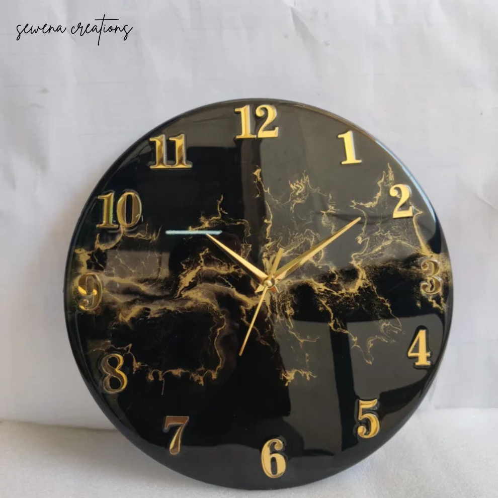 Golden Burst Noir – Artisan Black & Gold Resin Clock